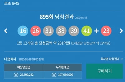 로또 895회 당첨번호, '16,26,31,38,39,41'…당첨금 19억