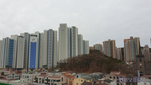 미분양이었지만 수억원의 웃돈이 붙고 오는 3월 입주를 시작하는 '동천 더샵 이스트포레'와 주변 아파트 전경.(사진 김하나 기자)