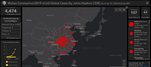 미국 존스홉킨스 대학 CEES팀이 만든 신종 코로나바이러스 지도 웹사이트 캡처