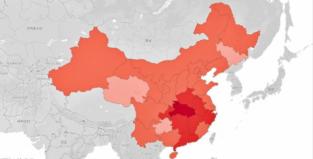 뉴스래빗이 자체 제작한 중국 신종 코로나바이러스 지역별 확진자 지도. 2020년 1월 28일 기준 중국 전 지역에서 확진자가 발생하고 있다. 인터랙티브=신현보 한경닷컴 기자 greaterfool@hankyung.com