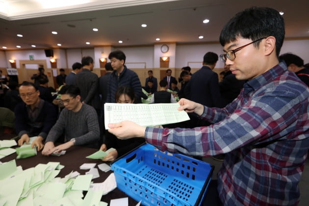 30일 오후 전남 화순 금호리조트에서 광주광역시선거관리위원회 및 5개 구 위원회 합동으로 제21대 총선 비례대표 국회의원선거 수작업 개표 상황을 대비한 모의개표를 하고 있다. 연합뉴스