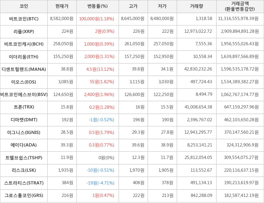 비트코인, 리플, 비트코인캐시, 이더리움, 디센트럴랜드, 이오스, 비트코인에스브이, 트론, 디마켓, 이그니스, 에이다, 트웰브쉽스, 리스크, 스트라티스, 그로스톨코인