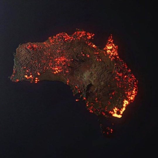 미국항공우주국(NASA)의 화재 관측위성이 3D로 구현한 호주 산불 모습 /사진=송가인 인스타그램 캡쳐