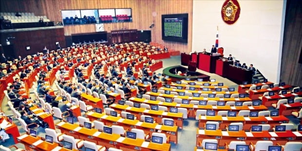 국회가 9일 본회의를 열어 데이터 3법 등 민생·경제 법안을 처리했다. 자유한국당 쪽 의석은 의원들의 불참으로 텅 비어 있다.  연합뉴스 
