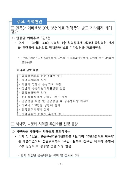 성남시, 민중당·주민단체 대상 '동향 문건' 작성 논란