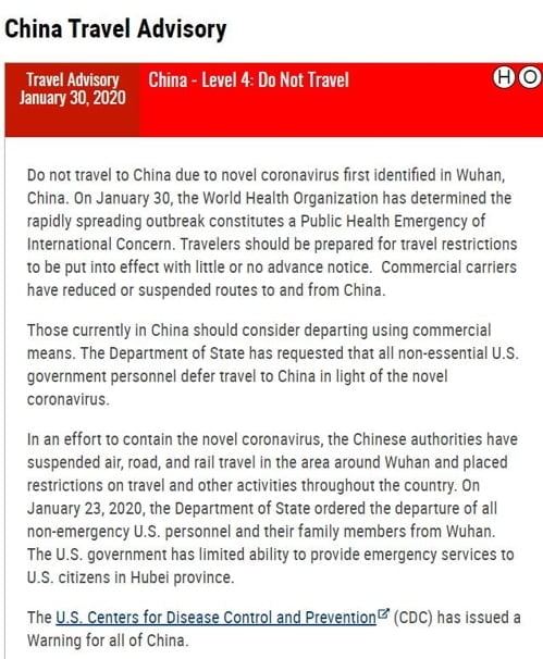 美, 신종 코로나로 중국 `여행 금지`로 경보 상향