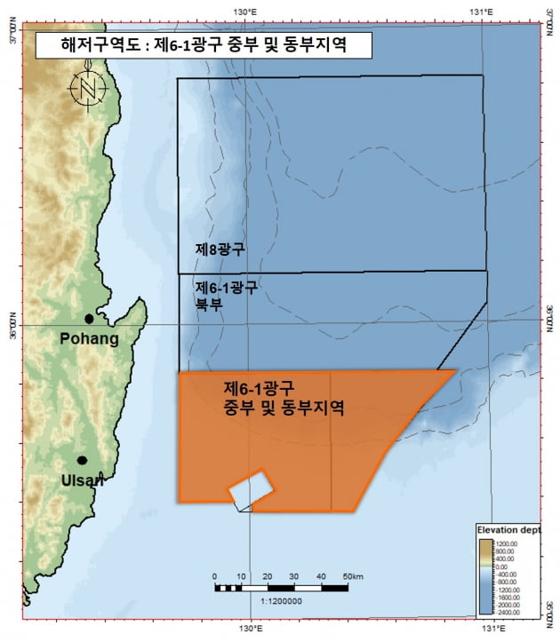 국내대륙붕 6-1광구 중부 및 동부지역 위치