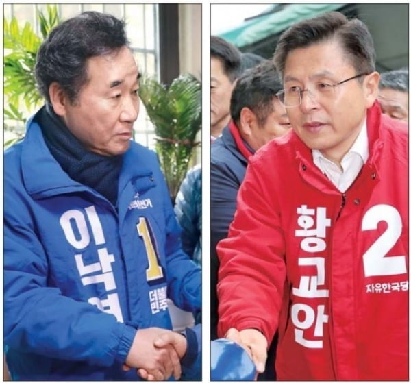 < 이낙연 - 황교안 ‘종로 표심잡기’ 본격 경쟁 > 4·15 총선에서 서울 종로에 출마하는 이낙연 전 국무총리(왼쪽)와 황교안 자유한국당 대표가 13일 종로 일대에서 주민들을 만나 지지를 호소했다. 이 전 총리는 숭인동 경로당을, 황 대표는 창신1동 전통시장을 각각 방문했다.  /연합뉴스 