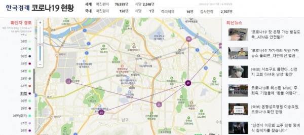 한국경제 코로나19 현황판의 모습 /사진=한경닷컴 홈페이지 갈무리