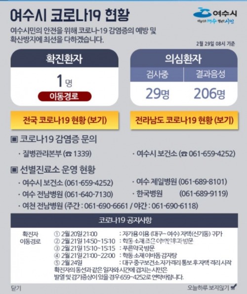 전남 여수시 코로나19 첫 확진자의 동선이 29일 공개됐다. /사진=여수시