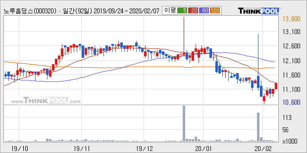 '노루홀딩스' 5% 이상 상승, 주가 60일 이평선 상회, 단기·중기 이평선 역배열