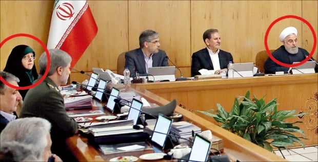 지난 26일 열린 이란 국무회의 모습. 하산 로하니 대통령(맨 오른쪽)이 앉은 곳에서 오른쪽 세 번째 자리에 코로나19에 감염된 마수메 에브테카르 부통령이 앉아 있다.  /이란대통령실  제공 