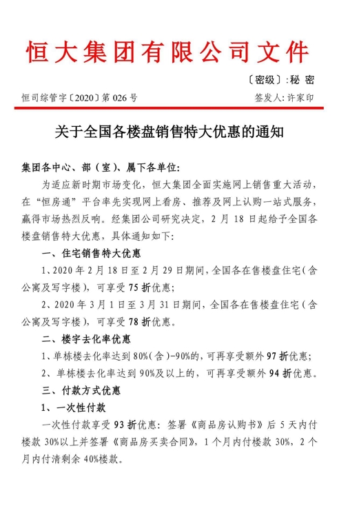 중국 헝다, 전체건물 25% 할인…코로나19 여파 경기둔화 속 주목