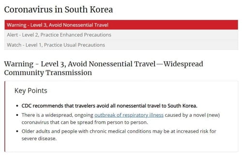 [2보] 미국 CDC, 한국 여행경보 3단계로 격상…"불필요한 여행 자제"