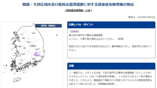 일본, 대구·청도 방문자제 권고…감염증 위험정보 '레벨2'(종합3보)