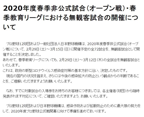 일본프로야구, 코로나19 우려에 29일부터 '무관중' 시범경기(종합)