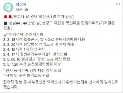 성남시, 코로나19 4번째 확진자 확인…야탑동 거주 76세 남성