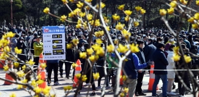 코로나19 예방 마스크 구입 위해 줄지어 선 인파