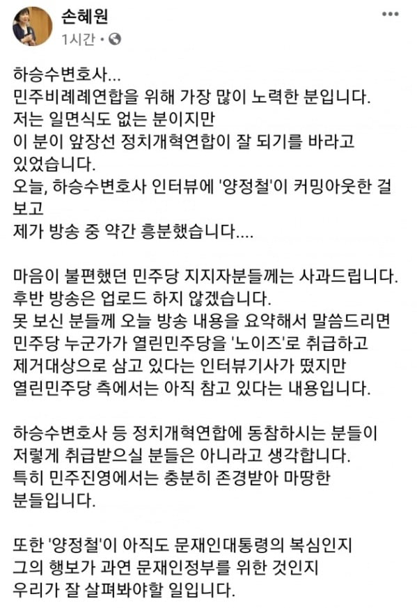 손혜원 열린민주당 의원은 18일 자신의 페이스북(SNS)를 통해 양정철 민주정책연구원장을 비판하고 나섰다. /사진=손 의원 페이스죽