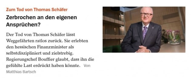 독일 슈피겔이 보도한 쉐퍼 재무장관의 사망 소식. (자료 해당화면 캡쳐)