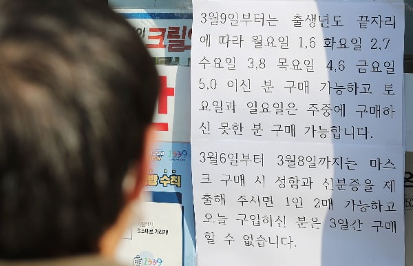 6일 오전 서울 종로5가 인근의 한 약국에 마스크 구매 5부제 관련 안내문이 붙어 있다. 연합뉴스