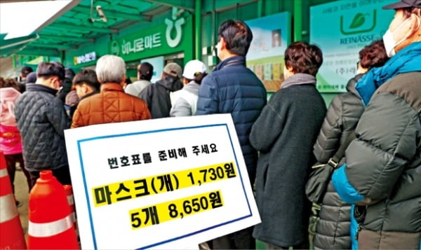 1일 서울 서초구 하나로마트 양재점 앞에 마스크를 사려는 사람들이 길게 줄을 서 있다. 농협은 이날 서울·경기지역 하나로마트에 총 110만 장의 마스크를 공급했다.  연합뉴스 