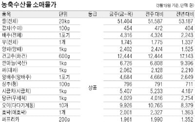 급식용 농산물값 하락세…양배추·사과는 소폭 올라