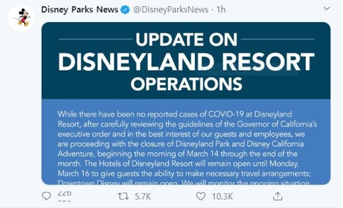 미국 디즈니랜드, 코로나19에 이달 말까지 문 닫는다