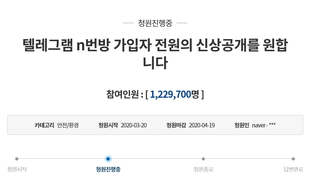 "텔레그램 `박사방` 전원 신상공개"…靑 국민청원 120만 돌파