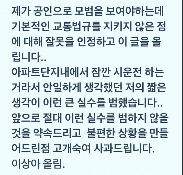 이상아, 안전벨트 미착용→사과 無→영상 삭제…결국 "잘못 인정, 큰 실수 범했다" [종합]