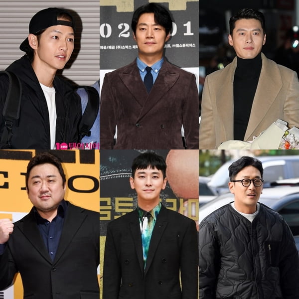 배우 송중기(왼쪽부터 시계방향), 이희준, 현빈, 하정우, 주지훈, 마동석./ 사진=텐아시아DB