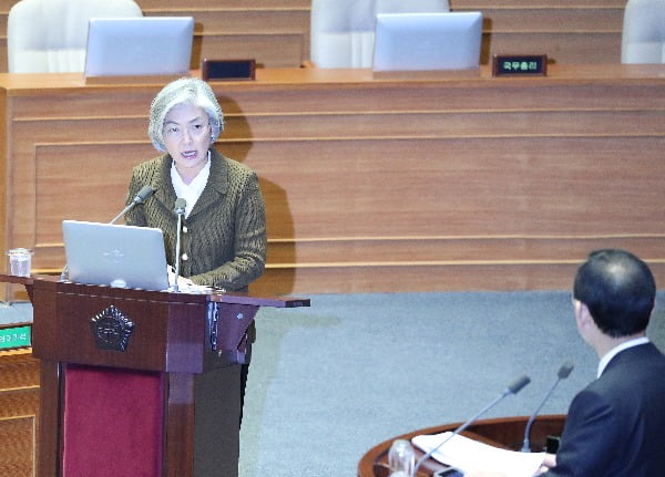 2일 오후 국회에서 열린 정치·외교·통일·안보에 관한 대정부 질문에서 강경화 외교부 장관이 한국민 입국 금지 조치에 대한 입장을 밝히고 있다. 사진=연합뉴스