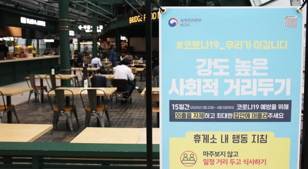 경기도 시흥시 서울외곽순환고속도로 시흥하늘휴게소 푸드코트에 사회적 거리 두기를 위해 테이블 한쪽에만 의자가 놓여 있다. 사진=연합뉴스