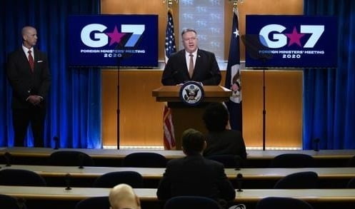 마이크 폼페이오 미 국무장관이 G7 외교장관 화상회의 후 기자회견을 하고 있다. /연합뉴스