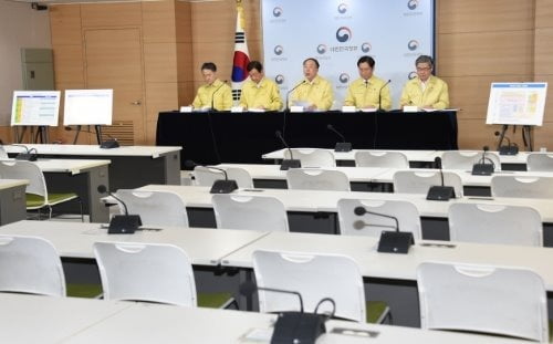 홍남기 부총리 겸 기획재정부 장관(가운데) 등이 지난달 30일 정부서울청사에서 코로나19 피해계층 지원 방안을 발표하고 있다. 전염병 예방 차원에서 기자들의 현장 참석없이 화상회의 방식으로 진행했다. 뉴스1