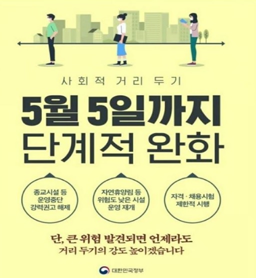 정부는 5월 5일까지 사회적 거리두기를 단계적으로 완화한다. (사진 = 대한민국 정부 홈페이지)