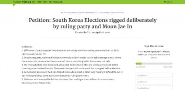 24일 오전 8시 기준 '여당과 문재인 대통령에 의해 의도적으로 진행된 한국 선거'라는 청원에 16338명이 서명했다/사진=위 더 피플 캡처
