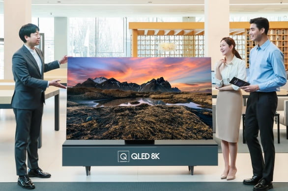 삼성디지털프라자 삼성대치점 상담사가 고객들에게 2020년형 삼성 QLED TV를 소개하고 있다.  /삼성전자 제공