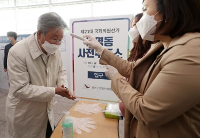 [포토] 최불암, '투표 전 체온 체크는 필수'