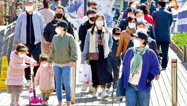 < 아울렛으로 몰려간 시민들 > 날씨가 풀리자 코로나19 확산에도 백화점과 마트 방문객이 늘고 있다. 휴일인 5일 경기 파주에 있는 롯데프리미엄아울렛이 마스크를 쓴 방문객들로 붐비고 있다.  김영우 기자 youngwoo@hankyung.com 