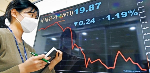 서부텍사스원유(WTI) 가격이 요동친 16일 서울의 한 금융정보회사 직원이 국제 유가 화면을 보고 있다.    /허문찬 기자 sweat@hankyung.com 