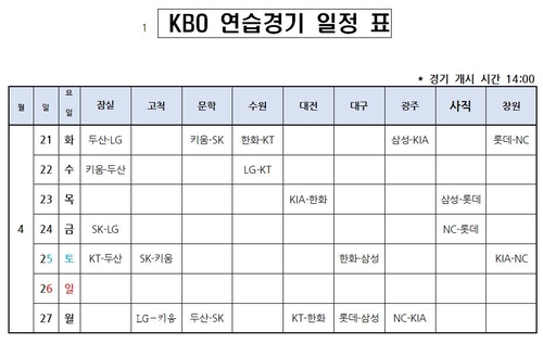 프로야구 팀 간 연습경기 일부 야간 경기로 진행