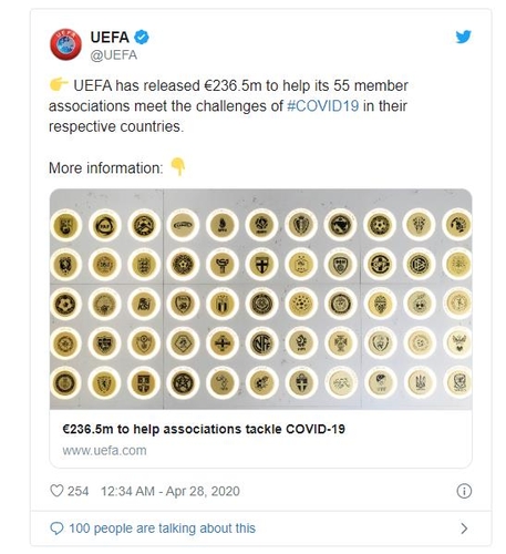 UEFA, 코로나19 극복 위해 회원국에 총 3천148억원 지원