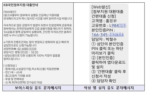 "코로나19 정부지원대출 안내문자 보이스피싱 의심하세요"