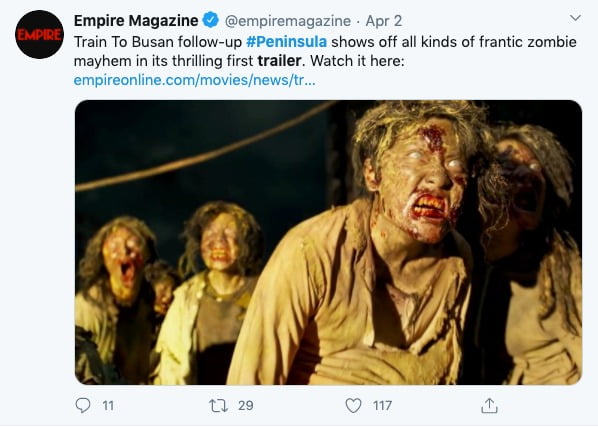 영화 전문 매체 엠파이어는 영화 '반도'의 예고편에 대해 "광란의 액션이 가득 찼다"고 평가했다. / 사진=트위터 캡처