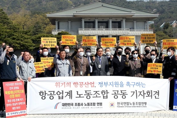 대한민국 조종사 노동조합 연맹과 전국연합 노동조합연맹 소속 30여명은 14일 청와대 앞 분수대 광장에서 기자회견을 열고 