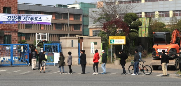 제21대 국회의원선거일인 15일 오후 서울 송파구 신천중학교에 마련된 투표소에서 유권자들이 신종 코로나바이러스 감염증(코로나19) 확산 예방을 위한 사회적 거리두기를 실천하며 투표를 하기 위해 줄을 서고 있다. 사진=뉴스1