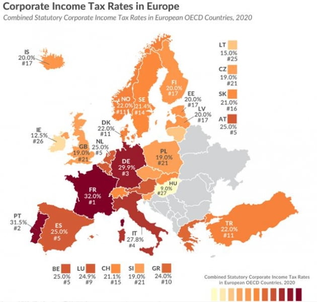 유럽 주요 국가의 법인세 명목세율 현황.  자료=OECD
