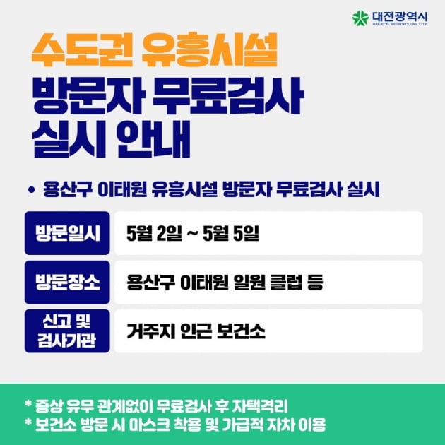 대전시는 서울 이태원 클럽발 코로나19 지역사회 감염 차단을 위해 지난 2일부터 5일 사이 이태원 유흥시설 방문자를 대상으로 무료 코로나19 검사를 실시한다고 밝혔다. /사진=대전시