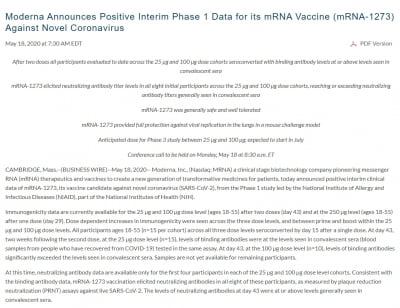 美 바이오 기업 모더나 "코로나 백신 1단계 임상 긍정적"